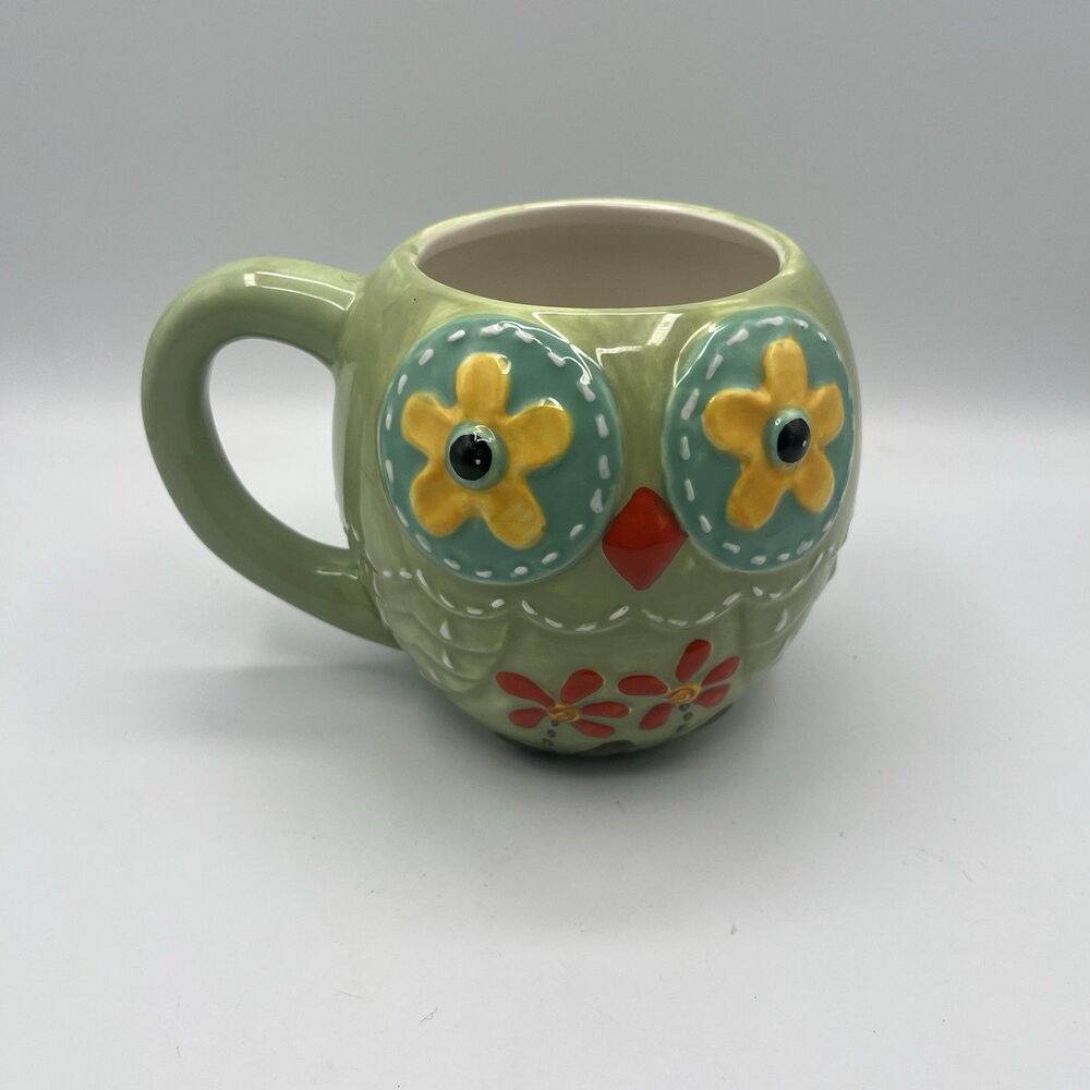 Cracker Barrel Owl Mug Green Teal Hand Painted 4 inch Tall Great Gift Fillers